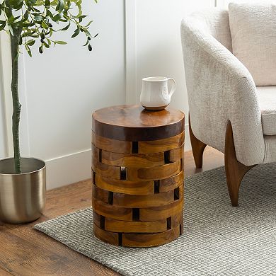 Stella & Eve Handmade Teak Wood Live Edge Accent Table with Brick Inspired Design