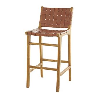 Stella & Eve Teak Wood Woven Leather Seat Kitchen Bar Stool with Beam Footrest