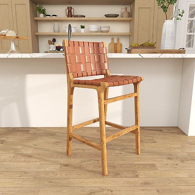 Stella & Eve Teak Wood Woven Leather Seat Kitchen Bar Stool with Beam Footrest