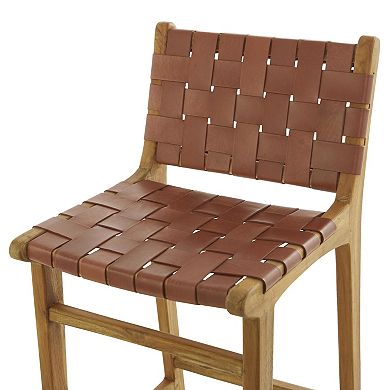Stella & Eve Teak Wood Woven Leather Seat Kitchen Bar Stool with Beam Footrest
