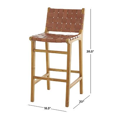 Stella & Eve Teak Wood Woven Leather Seat Kitchen Bar Stool with Beam Footrest