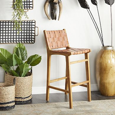 Stella & Eve Teak Wood Woven Leather Seat Kitchen Bar Stool with Beam Footrest
