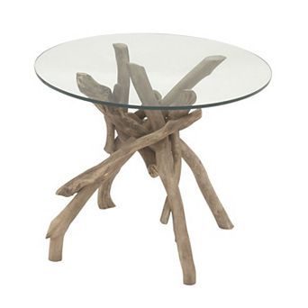 Stella & Eve Wood Handmade Tree Branch Accent Table with Clear Glass Top
