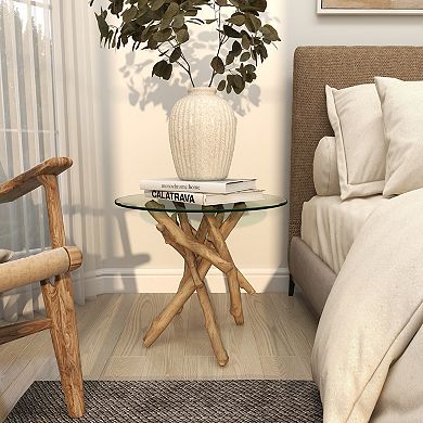 Stella & Eve Wood Handmade Tree Branch Accent Table with Clear Glass Top