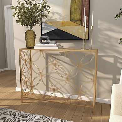 Stella & Eve Metal Quatrefoil Frame Console Table with Glass Top