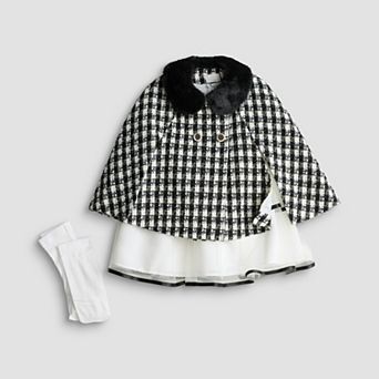 Girls 4-6X Blueberi Boulevard 3 pc Houndstooth Boucle Poncho, Tiered Dress & Tights Set