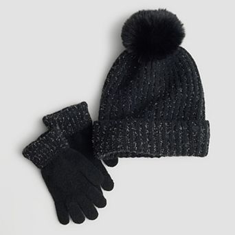 Girls' madden girl 2 pc Lurex Rib Beanie & Tech Touch Gloves Set