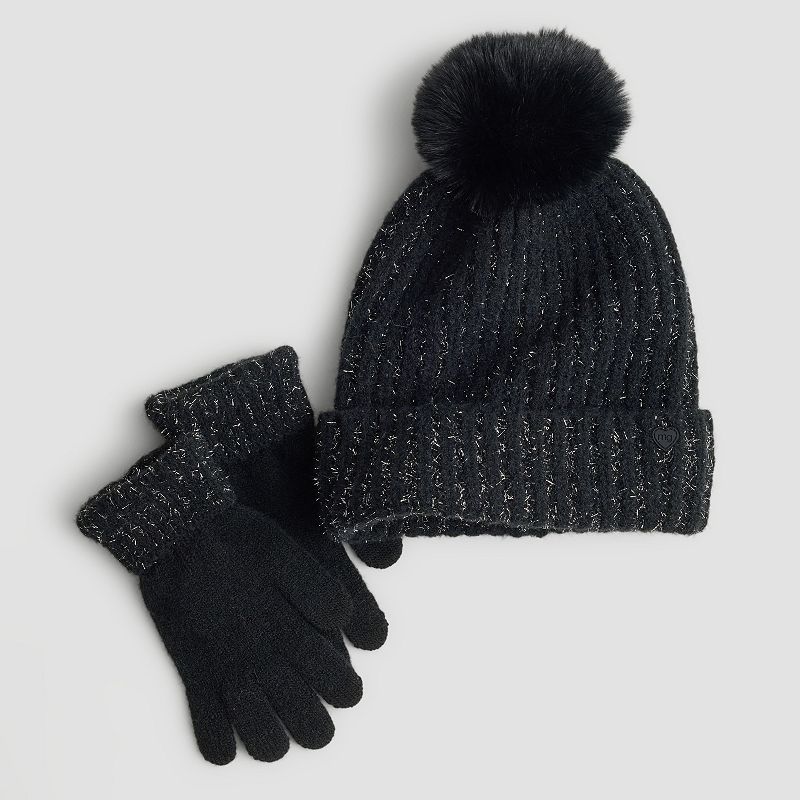Girls' madden girl 2-Piece Lurex Rib Beanie & Tech Touch Gloves Set,