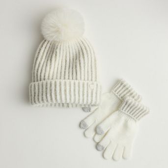 Girls' madden girl 2 pc Lurex Rib Beanie & Tech Touch Gloves Set