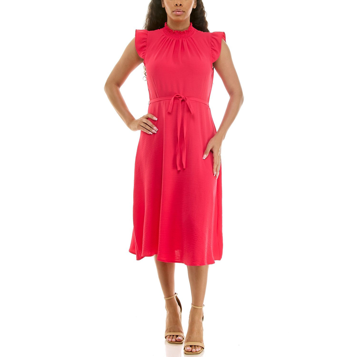 Женское платье Nina Leonard Smocked Neck Flutter Midi, цвет: Azalea