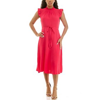 Women's Nina Leonard Smocked Neck Flutter Midi Dress