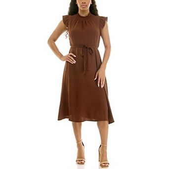 Women's Nina Leonard Smocked Neck Flutter Midi Dress