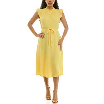 Women's Nina Leonard Smocked Neck Flutter Midi Dress