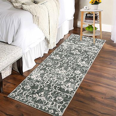 Vintage Damask Area Rug Non Slip Vacuum Clean Ultra Thin Stain Resistant Carpet for Dining Room