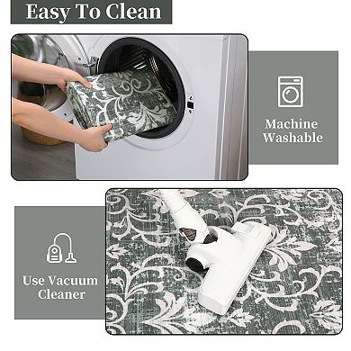 Vintage Damask Area Rug Non Slip Vacuum Clean Ultra Thin Stain Resistant Carpet for Dining Room