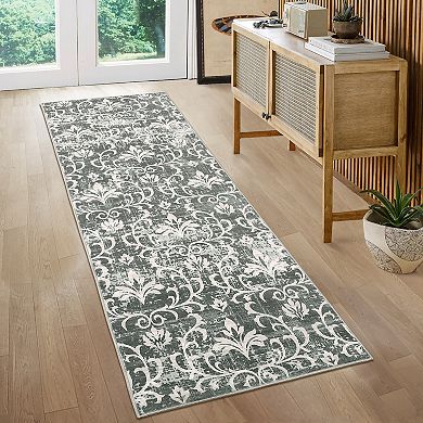 Vintage Damask Area Rug Non Slip Vacuum Clean Ultra Thin Stain Resistant Carpet for Dining Room