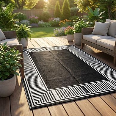 Modern Bordered Outdoor Area Rug Stain Resistant UV Resistant Pet Friendly Mat for Beach Vacation