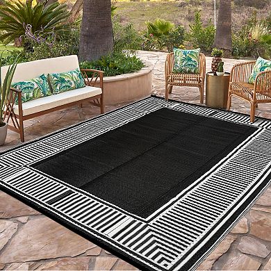 Modern Bordered Outdoor Area Rug Stain Resistant UV Resistant Pet Friendly Mat for Beach Vacation