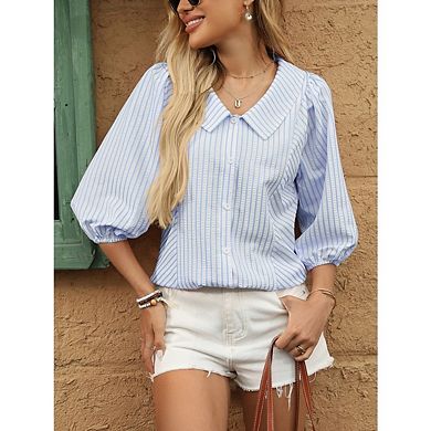 Women's V-Neck 3/4 Puff Sleeve Business Shirt with Lapel Collar Button-Down Dressy Work Blouse