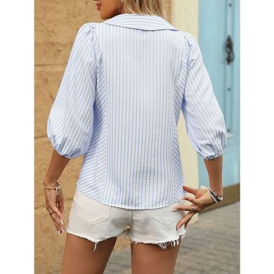 Women's V-Neck 3/4 Puff Sleeve Business Shirt with Lapel Collar Button-Down Dressy Work Blouse