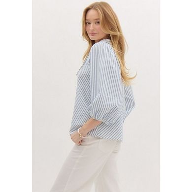 Women's V-Neck 3/4 Puff Sleeve Business Shirt with Lapel Collar Button-Down Dressy Work Blouse