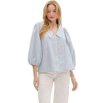 Women's V-Neck 3/4 Puff Sleeve Business Shirt with Lapel Collar Button-Down Dressy Work Blouse