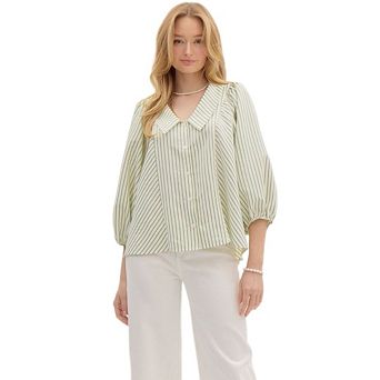 Women's V-Neck 3/4 Puff Sleeve Business Shirt with Lapel Collar Button-Down Dressy Work Blouse