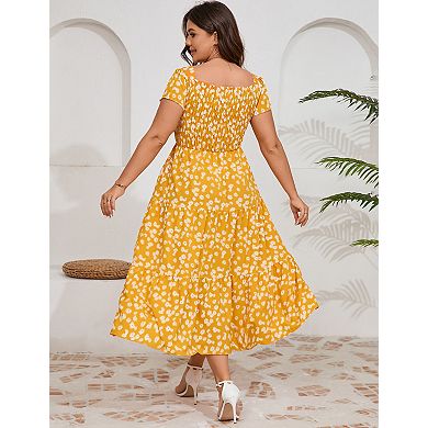 Women's Plus Size Scoop Neck Short Sleeve Floral Dress with Pockets