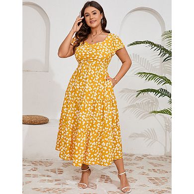 Women's Plus Size Scoop Neck Short Sleeve Floral Dress with Pockets
