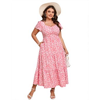 Women's Plus Size Scoop Neck Short Sleeve Floral Dress with Pockets