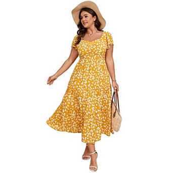 Women's Plus Size Scoop Neck Short Sleeve Floral Dress with Pockets
