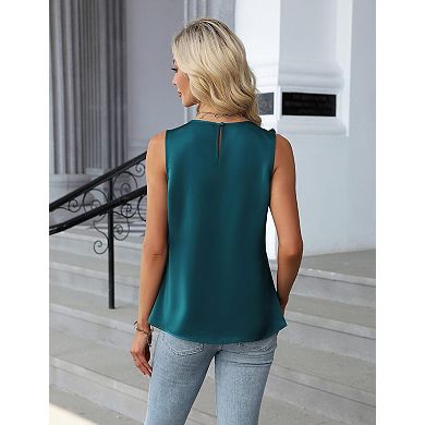 Women's Satin Pleated Blouse Crew Neck Sleeveless Office Tops with Keyhole Back