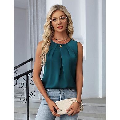 Women's Satin Pleated Blouse Crew Neck Sleeveless Office Tops with Keyhole Back