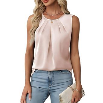 Women's Satin Pleated Blouse Crew Neck Sleeveless Office Tops with Keyhole Back