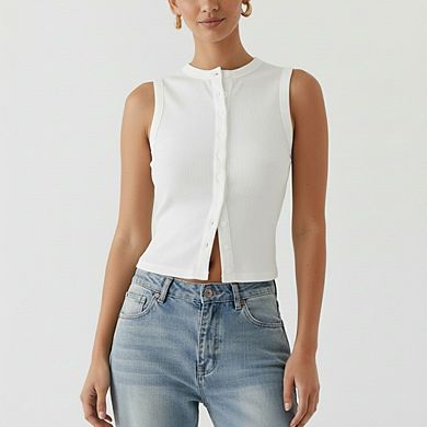 Women’s Casual Ribbed Sleeveless Vest Button Up Open Front Tank Tops Slim Fit Crop Going Out Tops