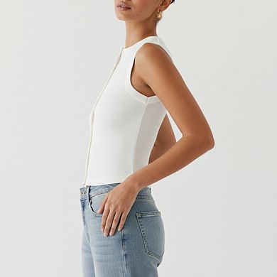 Women’s Casual Ribbed Sleeveless Vest Button Up Open Front Tank Tops Slim Fit Crop Going Out Tops