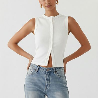 Women’s Casual Ribbed Sleeveless Vest Button Up Open Front Tank Tops Slim Fit Crop Going Out Tops