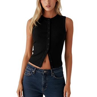 Women’s Casual Ribbed Sleeveless Vest Button Up Open Front Tank Tops Slim Fit Crop Going Out Tops