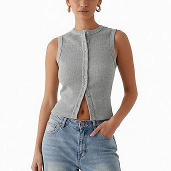 Women’s Casual Ribbed Sleeveless Vest Button Up Open Front Tank Tops Slim Fit Crop Going Out Tops