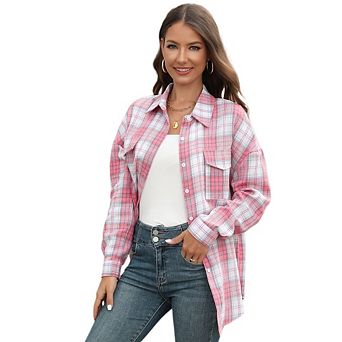 Women's Casual Long Sleeve Plaid Button Shirt Long Sleeve Collared Business Work Blouses Tops