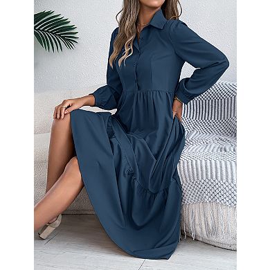 Women's Long Sleeve Shirt Dress Collared Tiered Button Down Ruffle Midi Dress
