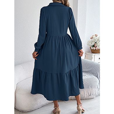 Women's Long Sleeve Shirt Dress Collared Tiered Button Down Ruffle Midi Dress