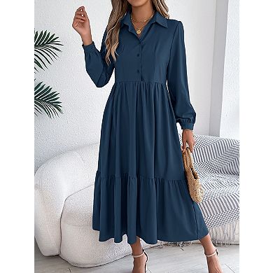 Women's Long Sleeve Shirt Dress Collared Tiered Button Down Ruffle Midi Dress