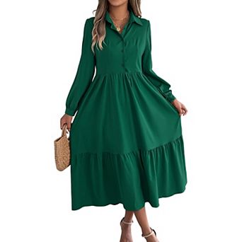 Women's Long Sleeve Shirt Dress Collared Tiered Button Down Ruffle Midi Dress