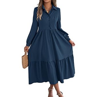 Women's Long Sleeve Shirt Dress Collared Tiered Button Down Ruffle Midi Dress