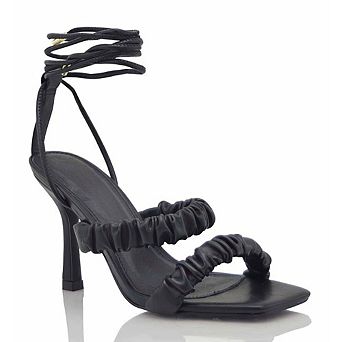 Ruched Double-Strap Ankle Wrap Stiletto Heel Sandals