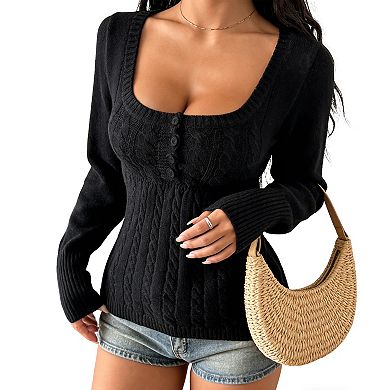 Women's Cable Knit Square Neck Sweater - Button Front Long Sleeve Flared Cuff Casual Winter Top