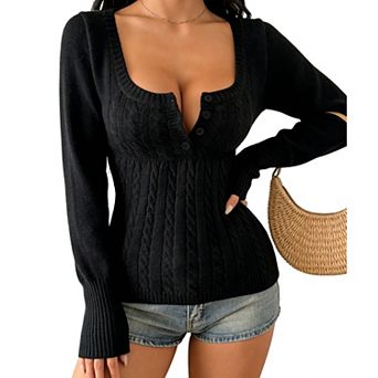 Women's Cable Knit Square Neck Sweater - Button Front Long Sleeve Flared Cuff Casual Winter Top