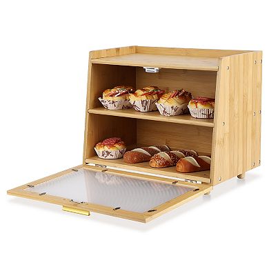 2 Layer Bread Box,Modern Countertop Bread Storage Bin with Fence Top,Transparent Acrylic Door Panel