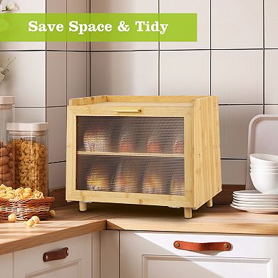 2 Layer Bread Box,Modern Countertop Bread Storage Bin with Fence Top,Transparent Acrylic Door Panel